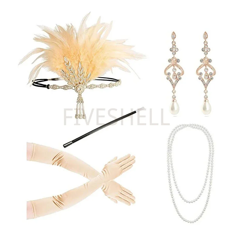

20s Cosplay Flapper Halloween Charleston Costume 1920s Gatsby Accessories Pink Nude Headpiece Great Gatsby Feather Headband