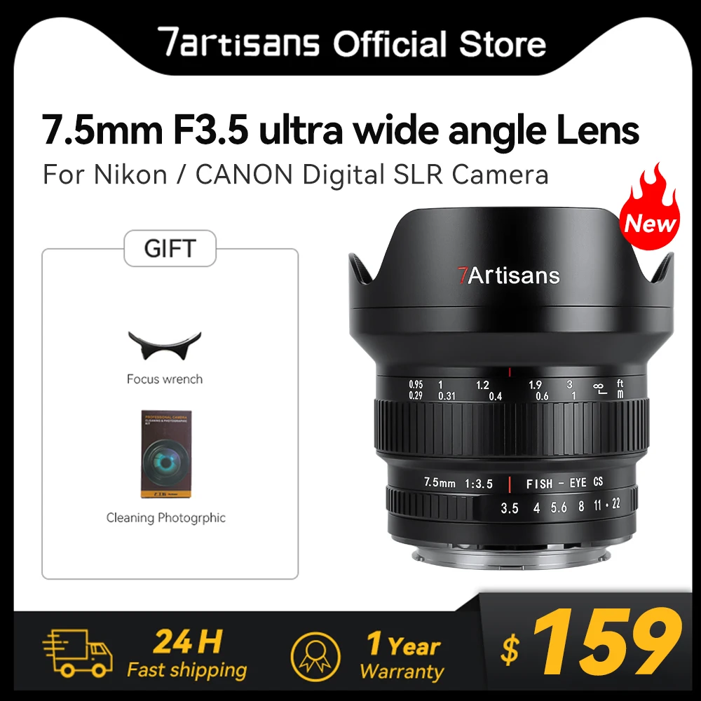 

7Artisans 7 artisans 7.5mm F3.5 Wide angle Manual Focus APS-C DSLR SLR Camera Lens for Canon EOS Rebel T7 77D Nikon F D7500 D90