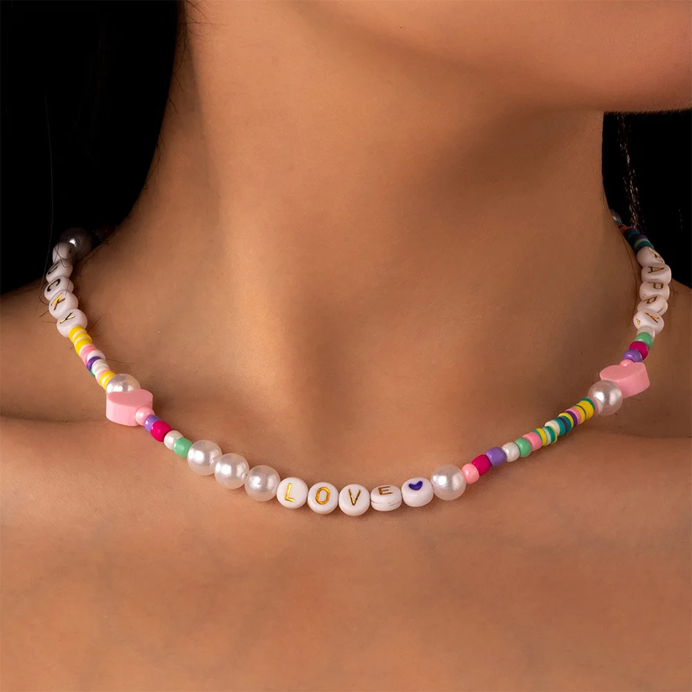 Korean Trendy Simulated Pearl Choker Necklace For Women Bohemian Colorful Handmde HAPPY LOVE Letters Cute Bead Collar Jewelry
Korean Trendy Simulated Pearl Choker Necklace For Women Bohemian Colorful Handmde HAPPY LOVE Letters Cute Bead Collar Jewelry