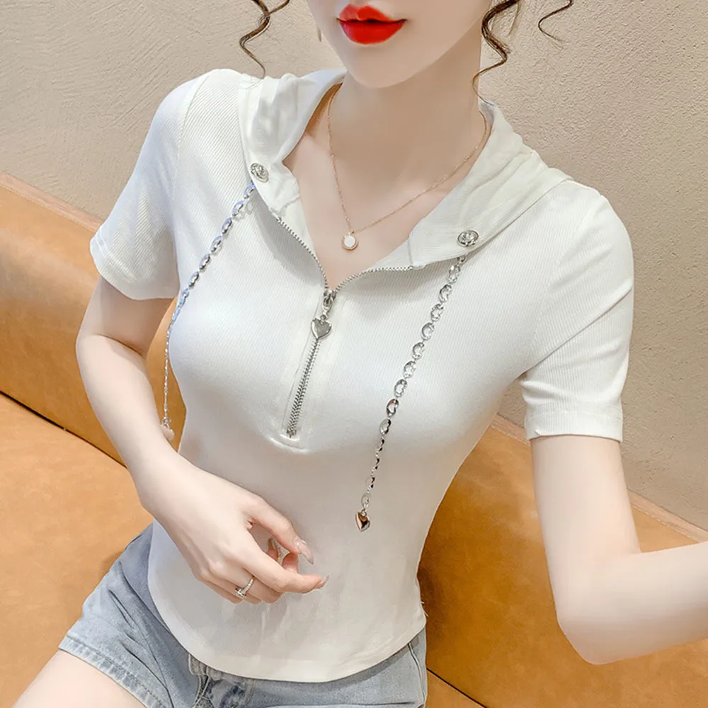 Summer Hooded Short Sleeve T-shirt Women's Love Chain Zipper Slim Tops Women's T-shirt Sexy Tight Solid Color Female Casual Tees
Summer Hooded Short Sleeve T-shirt Women's Love Chain Zipper Slim Tops Women's T-shirt Sexy Tight Solid Color Female Casual Tees