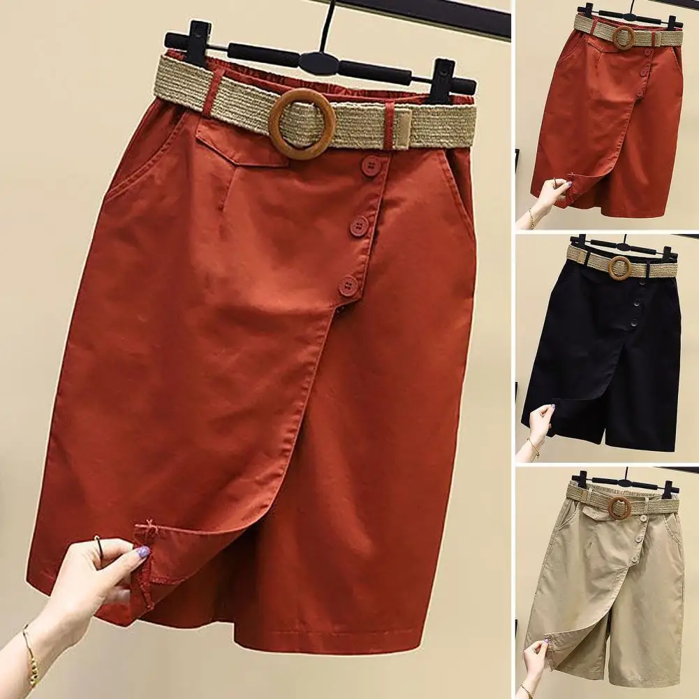 Women Shorts Skirt Solid Color Elastic Waist Knee Length with Belt Wide Leg Summer Shorts Daily Clothes
Women Shorts Skirt Solid Color Elastic Waist Knee Length with Belt Wide Leg Summer Shorts Daily Clothes
