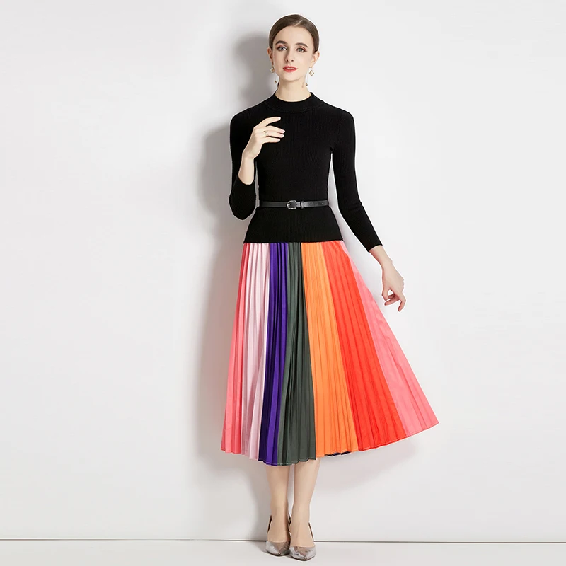 Runway Design Elegant Lady Knitted Two Piece Sets Fall Winter Belt Black Sweater Top + Rainbow Stripes Pleated Maxi Skirts Suits
Runway Design Elegant Lady Knitted Two Piece Sets Fall Winter Belt Black Sweater Top + Rainbow Stripes Pleated Maxi Skirts Suits