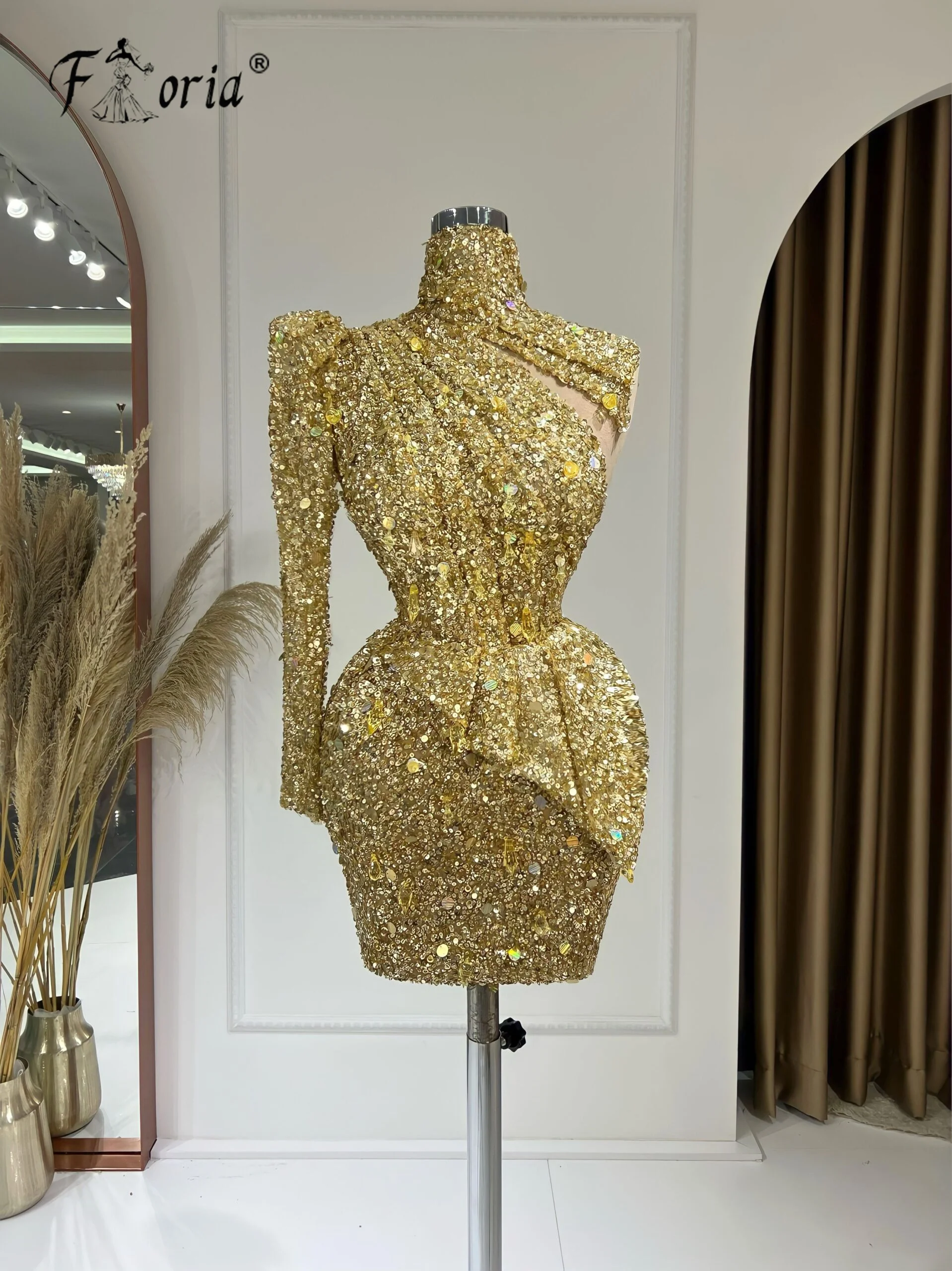 

Блестящее блестящее Золотое Платье Дубаи для выпускного вечера, Короткие коктейльные платья с бисером и кристаллами и кисточками, платье-Русалка на одно плечо, мини-платье для выпускного вечера