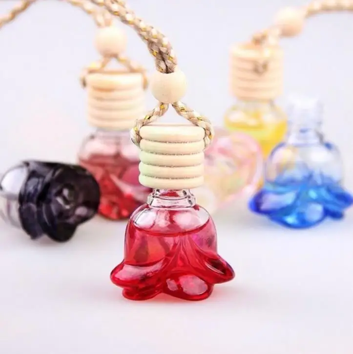 

Colorful Car Air Freshener Hanging Glass Pendant Perfume Bottle 6ml Rose Bottom Jar For Essential Oils Fragrance Ornament SN1698