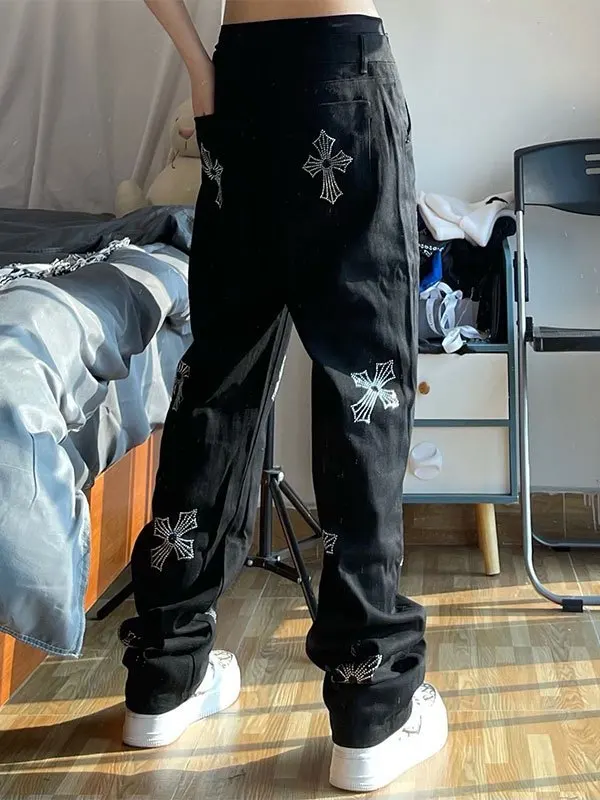 Cross Rhinestone Straight Jeans Loose Sweatpants Street Hip Hop Rap Wear Men's and Women's Trousers Ninth Pants
Cross Rhinestone Straight Jeans Loose Sweatpants Street Hip Hop Rap Wear Men's and Women's Trousers Ninth Pants