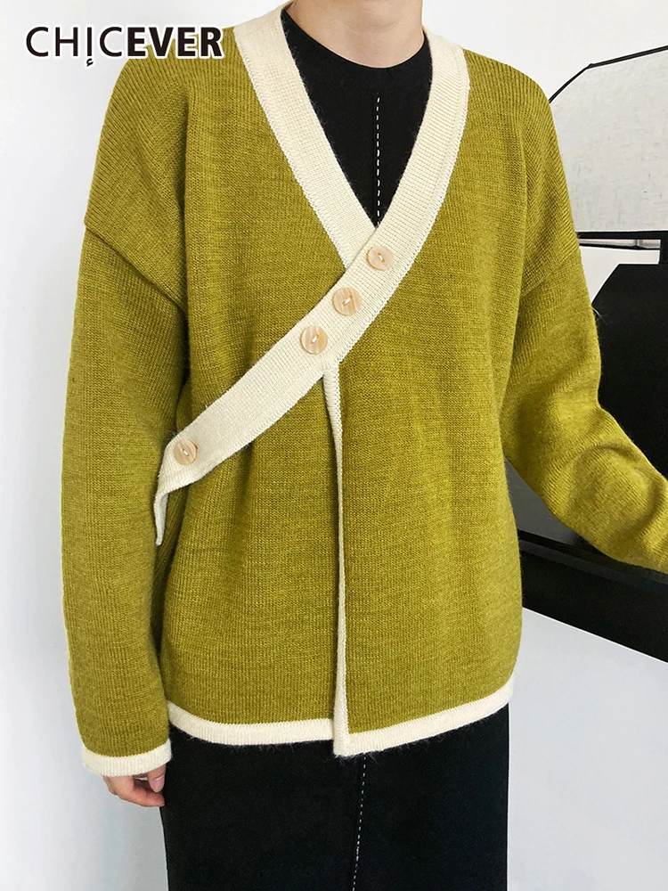CHICEVER Hit Color Sweaters For Women V Neck Long Sleeve Patchwork Single Breasted Casual Loose Knitting Sweater Female Autumn 
CHICEVER Hit Color Sweaters For Women V Neck Long Sleeve Patchwork Single Breasted Casual Loose Knitting Sweater Female Autumn