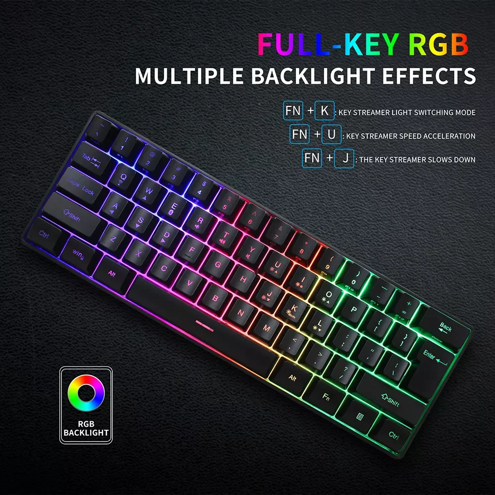 

Mini Keyboard Game 61 Keys Wireless keyboard Bluetooth 2.4Ghz Dual Mode Membrane Keyboards RGB Gaming Keyboard gk61