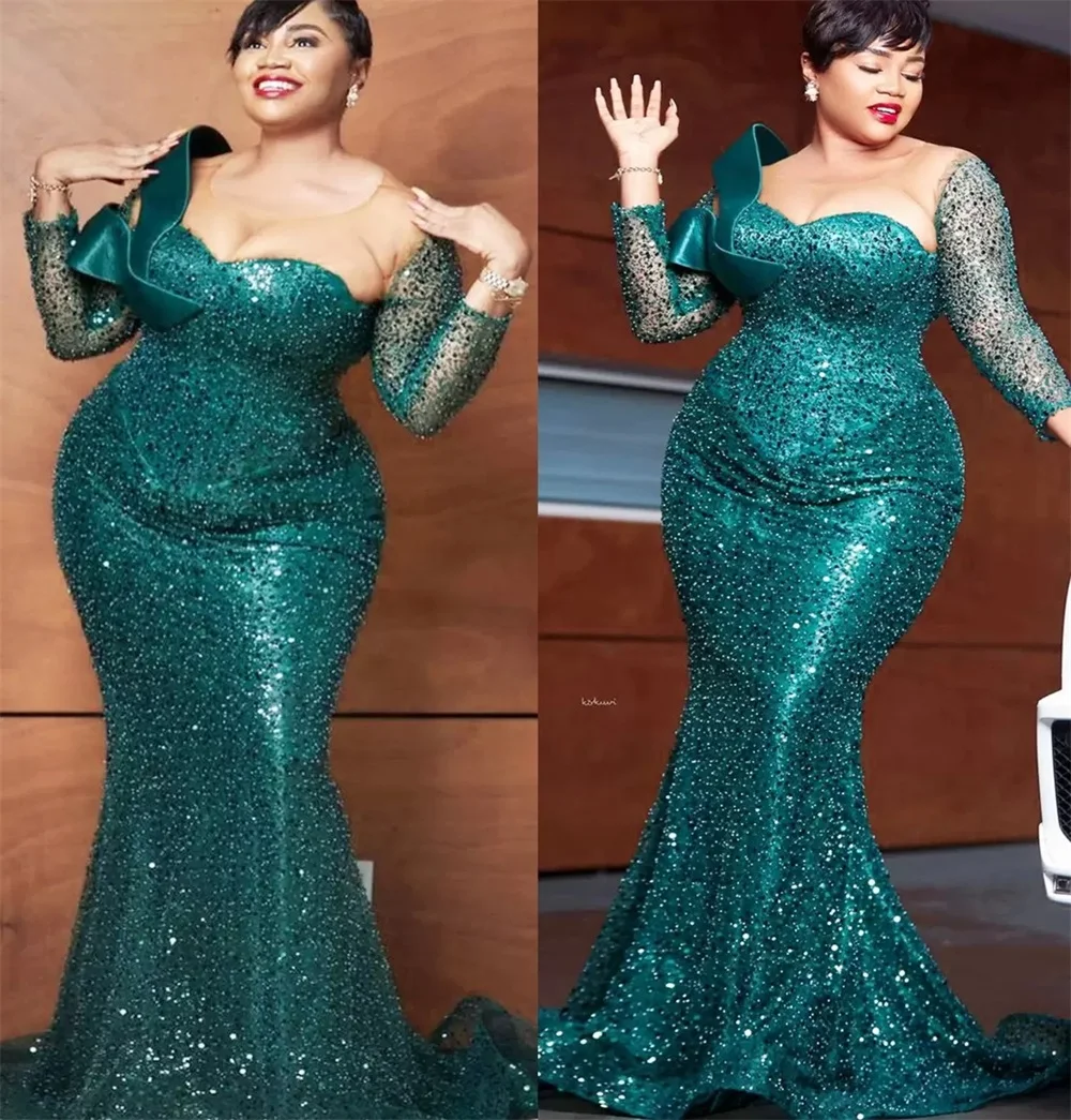 Plus Size Evening Dresses Green Sequins Beads Pearls Mermaid Prom Dress Long Sleeves Party Gowns Customize Robes De Mariée
Plus Size Evening Dresses Green Sequins Beads Pearls Mermaid Prom Dress Long Sleeves Party Gowns Customize Robes De Mariée