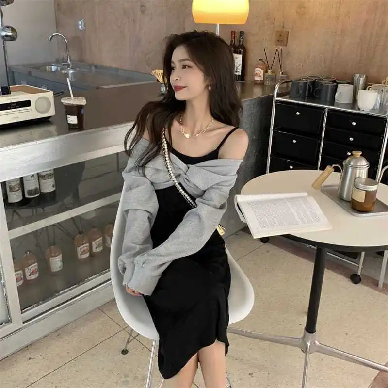 

2022 Women's Autumn Winter Fashion Clothing Korean Lady Graceful Casual Short T Shirt Sling Dress Two Piece Set Daily Outfits