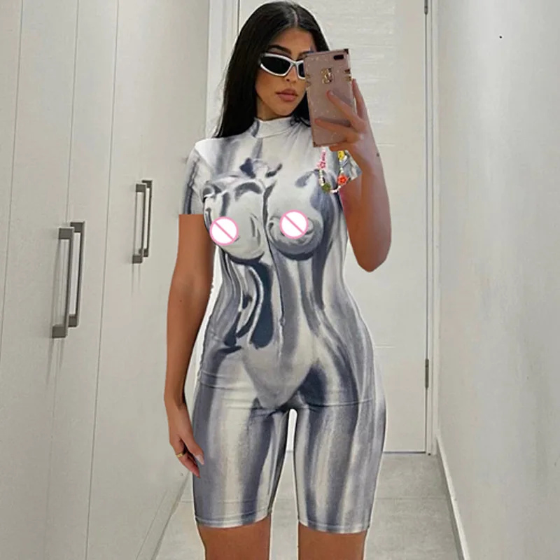 Summer Printed Short Sleeve Playsuits Women Overalls Zipper Sporty Rompers Ladies Casual Bodycon Jumpsuit 
Summer Printed Short Sleeve Playsuits Women Overalls Zipper Sporty Rompers Ladies Casual Bodycon Jumpsuit