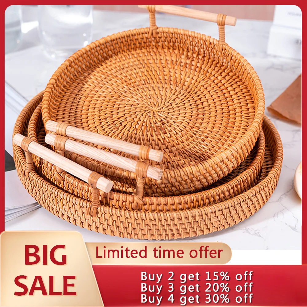 Hand-Woven Round Rattan Tray Portable Fruit Snacks Food Breakfast Display Storage Wicker Basket Organizer With Handle 
Hand-Woven Round Rattan Tray Portable Fruit Snacks Food Breakfast Display Storage Wicker Basket Organizer With Handle