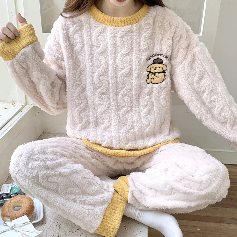 

Sanrio Animation Peripheral Pompompurin My Melody Coral Velvet Warm Pajamas Winter Cute Girls Y2K High-Quality Home Wear