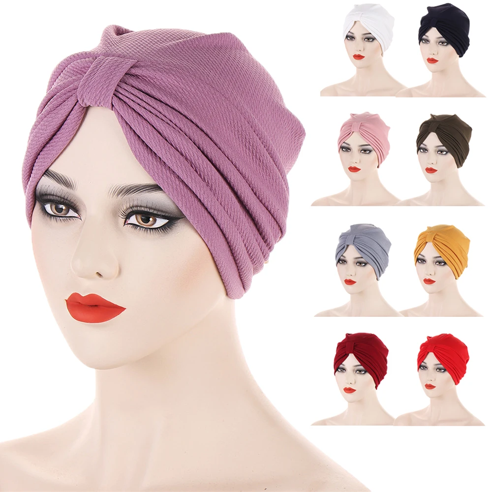 

Muslim Women Stretchy Headscarf Top Knotted Turban Hat Sleep Hat Inner Hijab Bonnet Femme Head Cover Headwrap Solid Color Mujer