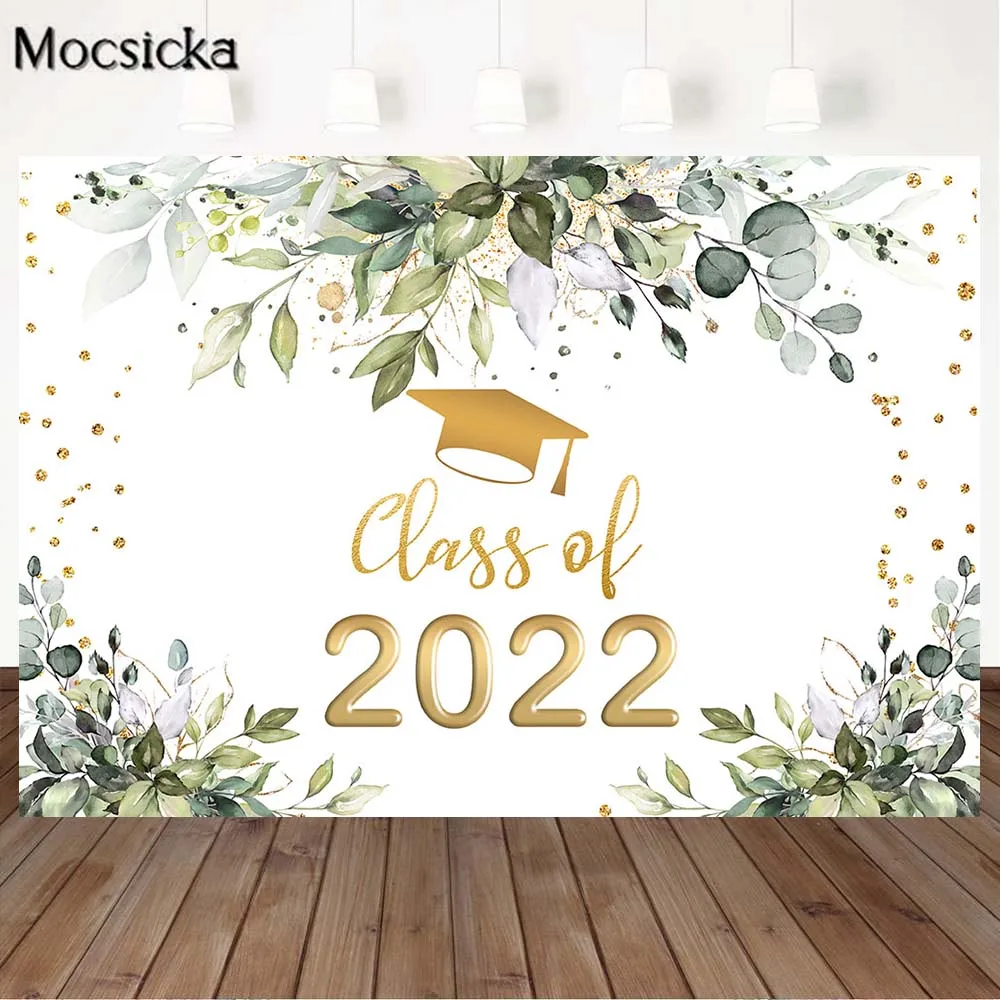 

Mocsicka класс 2022 Выпускной фон поздравление градиент вечеринка украшения золотой мальчишник шляпа зеленые листья фотография фон
