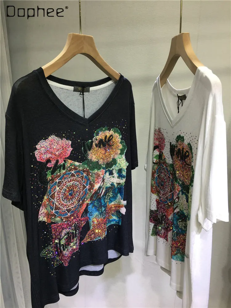 Heavy Industry Rhinestone V-neck Short-Sleeved T-shirt for Women 2023 Summer Lightweight Fashion All-Match Printed White Top
Heavy Industry Rhinestone V-neck Short-Sleeved T-shirt for Women 2023 Summer Lightweight Fashion All-Match Printed White Top