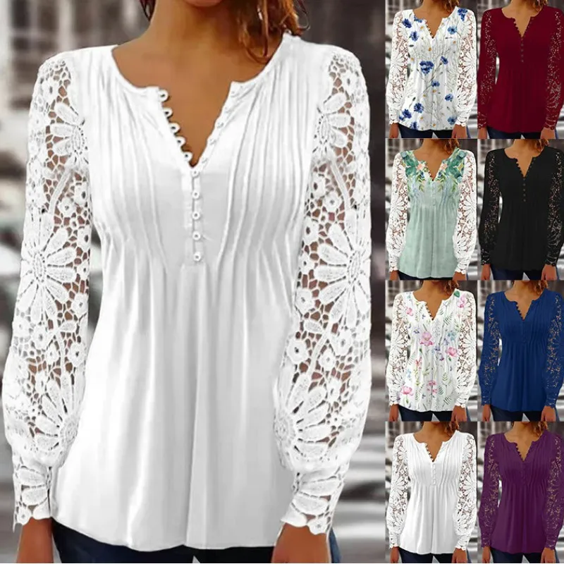 Spring And Autumn New Women's Lace Long Sleeve Pleated Solid Button T-Shirt Fashion Splice Casual Plus Size Loose Top 2023
Spring And Autumn New Women's Lace Long Sleeve Pleated Solid Button T-Shirt Fashion Splice Casual Plus Size Loose Top 2023