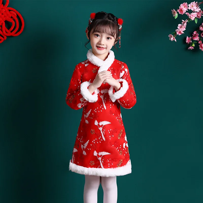 

Girls Autumn Winter New Thick Chinese Style Hanfu Fairy Princess Dress Performance Year Greeting Embroidery Qipao Vestido