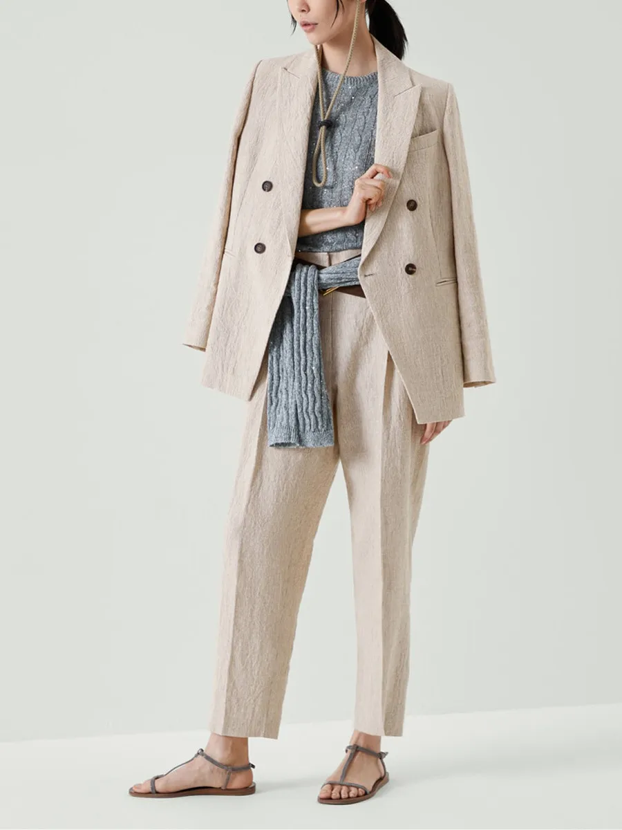 Women's Linen Blend Two Pieces Set Beading Double Breasted Blazer and Zipper Straight Long Pants Ol Commuting Minimalist Style
Women's Linen Blend Two Pieces Set Beading Double Breasted Blazer and Zipper Straight Long Pants Ol Commuting Minimalist Style