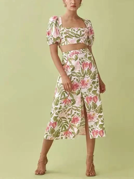 2022 Spring Summer Women Set Floral Print Solid Green Prairie Chic Original Puff Sleeve Short Top Slip Front Midi Skirts Suit
2022 Spring Summer Women Set Floral Print Solid Green Prairie Chic Original Puff Sleeve Short Top Slip Front Midi Skirts Suit