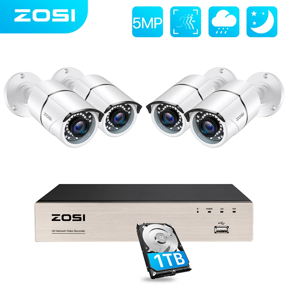 

ZOSI H.265+ 8CH 5MP POE Security Camera System Kit 4x5MP HD IP Camera Outdoor Waterproof CCTV Home Video Surveillance NVR Set