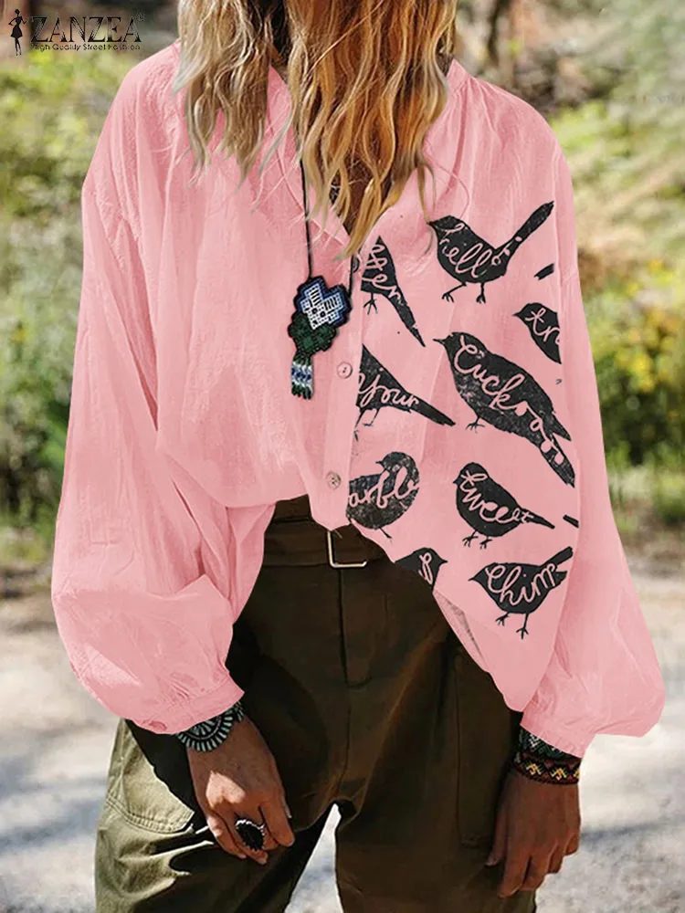

Блузка ZANZEA Женская Повседневная на пуговицах, стильная рубашка с отложным воротником и длинным рукавом, хлопковый топ с винтажным принтом, на осень