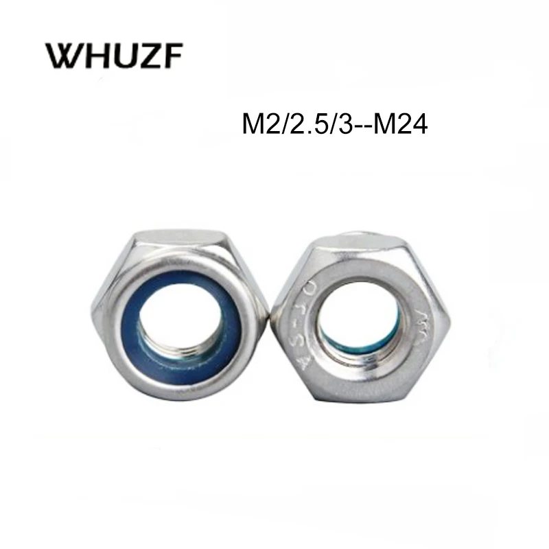 

WHUZF нейлоновая фиксирующая гайка 304 из нержавеющей стали шестигранная гайка M2 M2, 5 M3 M4 M5 M6 M8 M10 M12 M14 M16 M20 M24 нейлоновая гайка DIN985