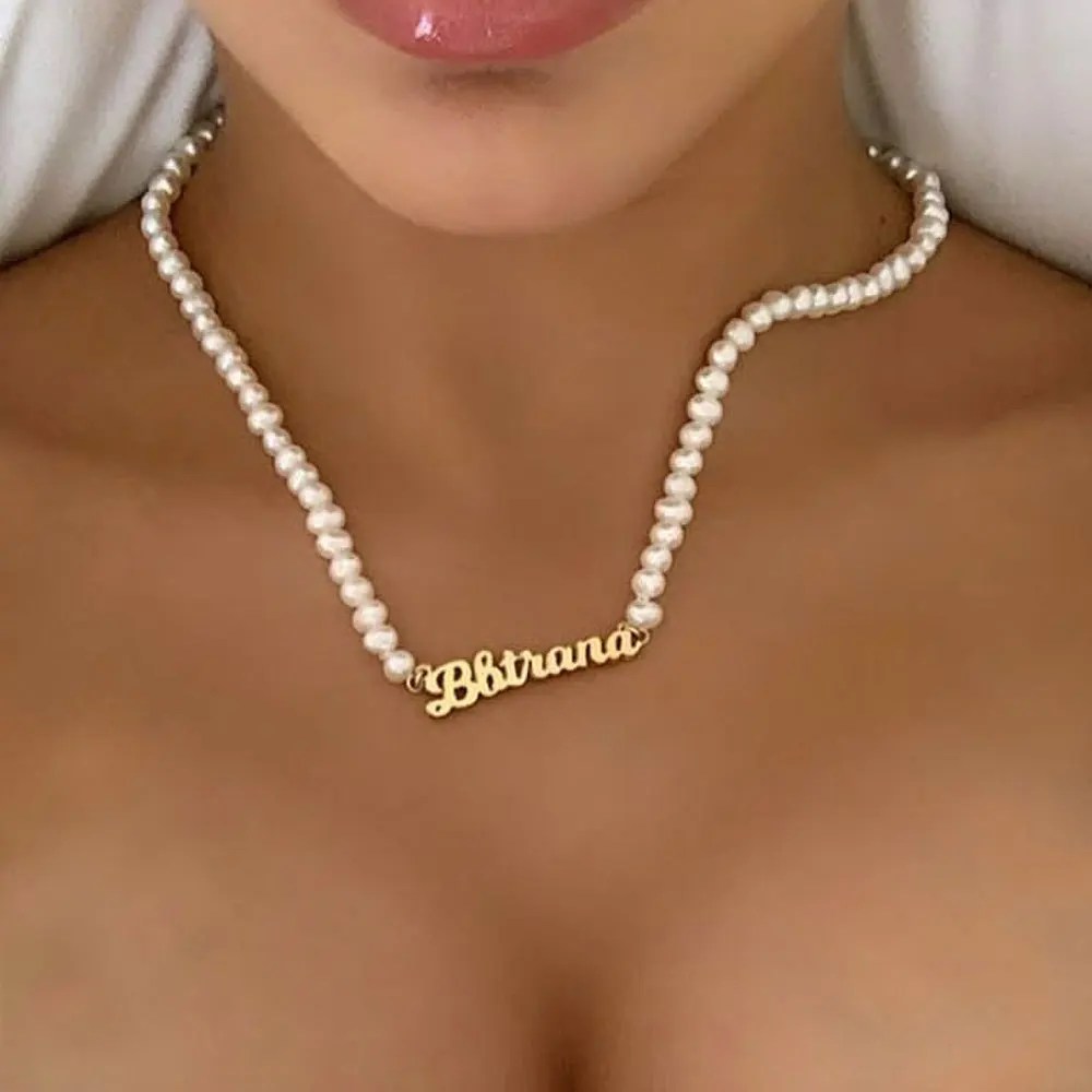 

NOKMIT Custom Name Letters Imitation Pearl Necklace for Women Girls Stainless Steel Personalized Jewelry Gifts Choker Necklaces