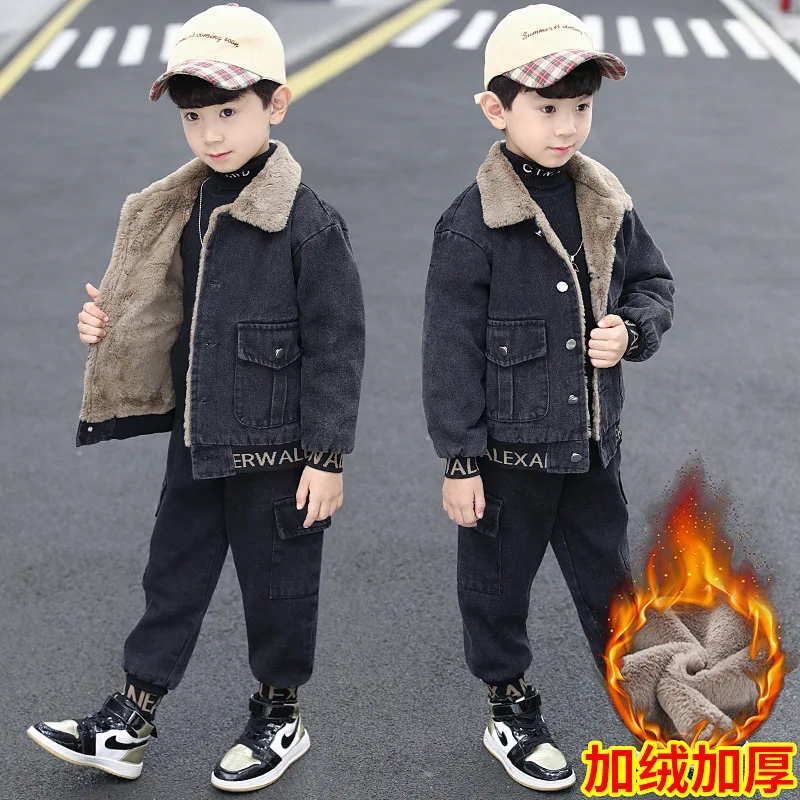 

Toddler Teen Boys Teddy Lined Flap Pocket Corduroy Denim Jacket & Jeans Set Winter Kids Padded Denim Coat Jeans 2 Pac Suit