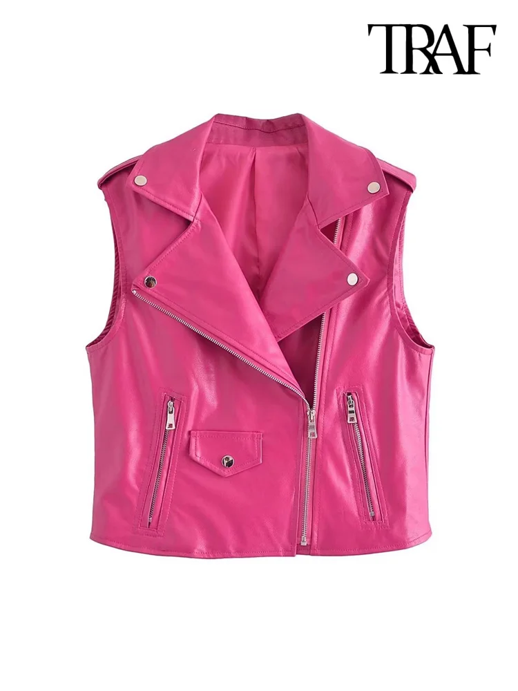 TRAF Women Fashion Front Zip Faux Leather Waistcoat Vintage Lapel Collar Sleeveless Female Outerwear Chic Vest Tops
TRAF Women Fashion Front Zip Faux Leather Waistcoat Vintage Lapel Collar Sleeveless Female Outerwear Chic Vest Tops