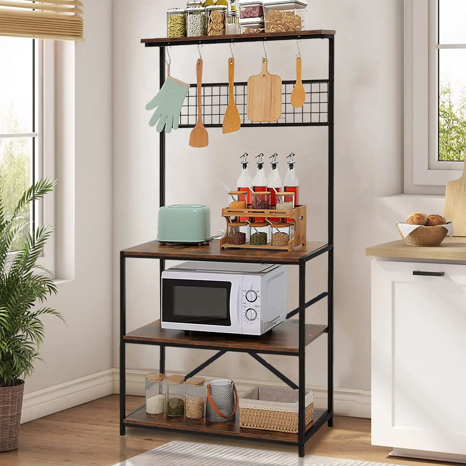 SKONYON 4 Tier Baker's Rack for Kitchens Rack Storage Shelf Cart with Hanging Hooks Brown
SKONYON 4 Tier Baker's Rack for Kitchens Rack Storage Shelf Cart with Hanging Hooks Brown