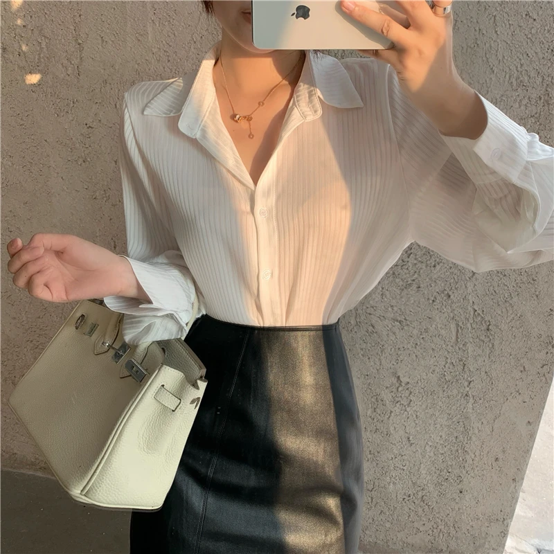 

2023 Brand New Turndown Collar Long Sleeve Striped White Shirt Women Work Blouse Elegant Ladies Tops Blusa Mujer