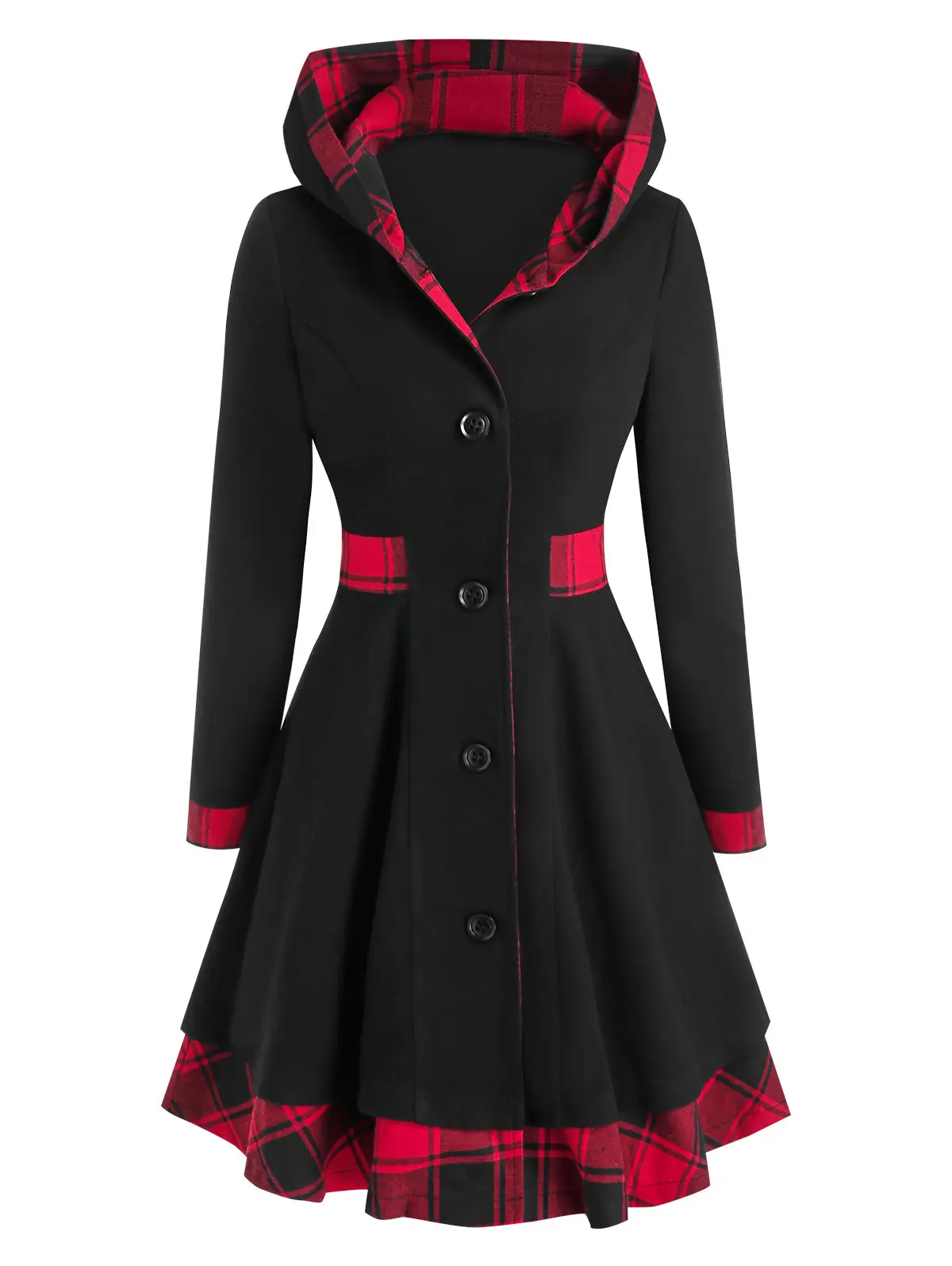 

Hooded Plaid Skirted Coat Button Up High Waist Skirted Longline Full Sleeve For Fall Spring Winter