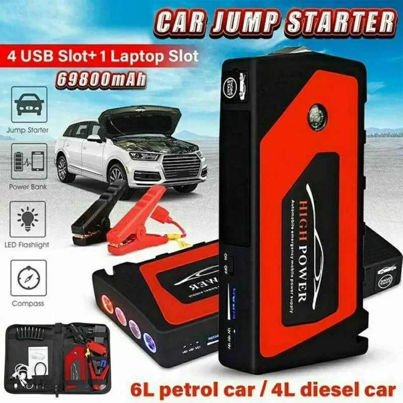 Emergency Car Battery Jump Starter 69800mAh 600A 12V Car Jump Starter Portable 4 USB Connectors Power Bank Battery Booster Clamp
Emergency Car Battery Jump Starter 69800mAh 600A 12V Car Jump Starter Portable 4 USB Connectors Power Bank Battery Booster Clamp
