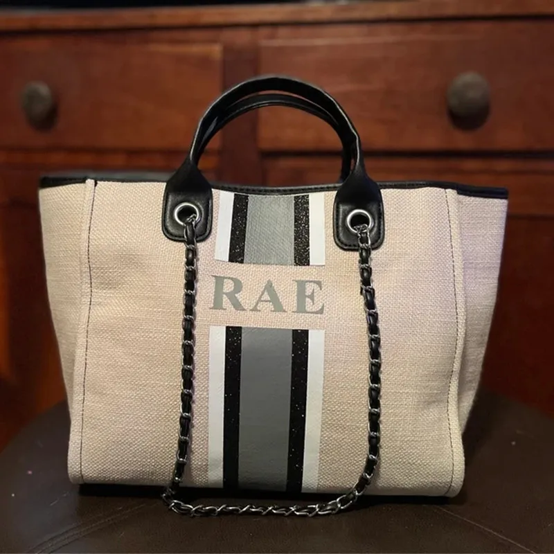 Monogram Tote Bag Canvas Customised Grey Chain Handbag Personalised Navy White Stripe Initials Beach Holiday Personalized
Monogram Tote Bag Canvas Customised Grey Chain Handbag Personalised Navy White Stripe Initials Beach Holiday Personalized