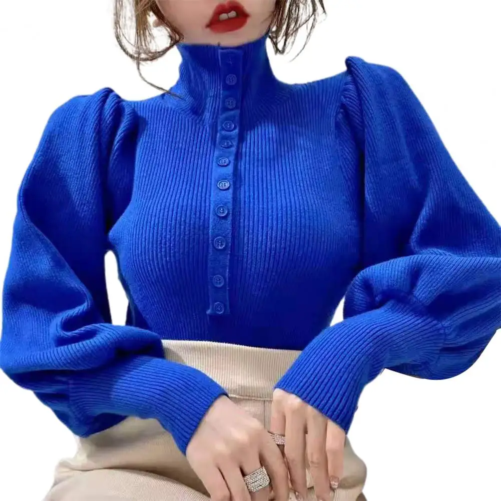 Turtleneck Puff Long Sleeves Buttons Decor Knitwear Jumper Women Winter Solid Color Ribbed Warm Pullover Sweater Home Wear
Turtleneck Puff Long Sleeves Buttons Decor Knitwear Jumper Women Winter Solid Color Ribbed Warm Pullover Sweater Home Wear