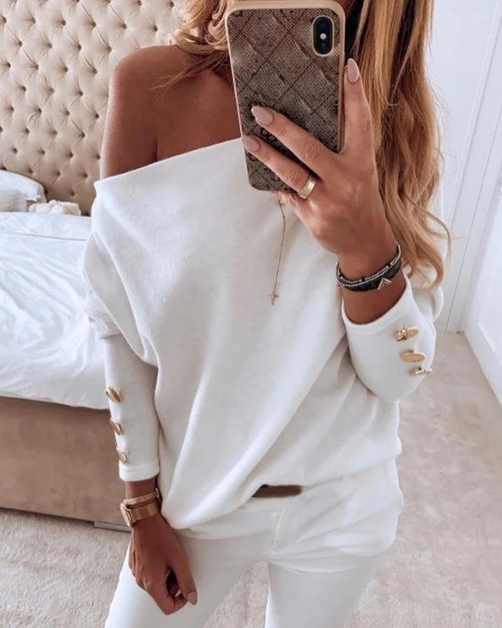 Autumn Fashion New Slim Solid Off Shoulder Button T-Shirt Casual Sports Women's Top Street Dress Support Wholesale
Autumn Fashion New Slim Solid Off Shoulder Button T-Shirt Casual Sports Women's Top Street Dress Support Wholesale