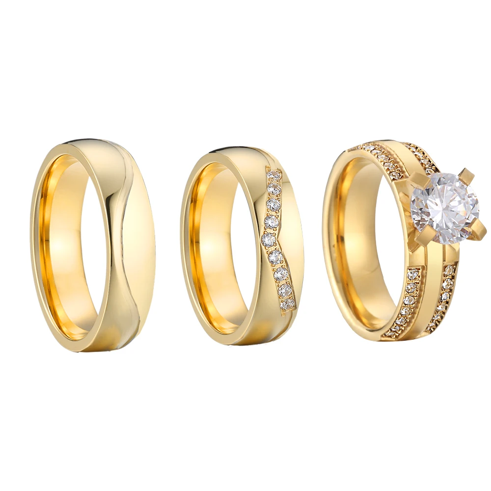 

3pcs Bridal Promise Wedding Engagement Rings Sets For Couples Statement Love Alliance 24k Gold Plated Jewelry Ring