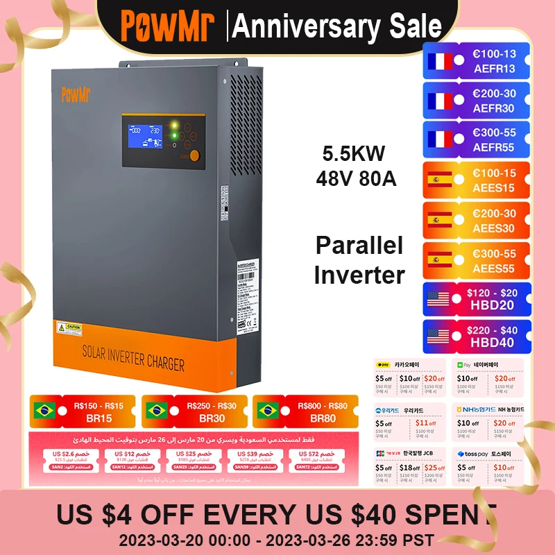 PowMr MPPT 80A 5500W Hybrid Solar Inverter 48V Parallel&Normal Model 230VAC Output All in One Pure Sine Inverter Max PV 500VDC
PowMr MPPT 80A 5500W Hybrid Solar Inverter 48V Parallel&Normal Model 230VAC Output All in One Pure Sine Inverter Max PV 500VDC