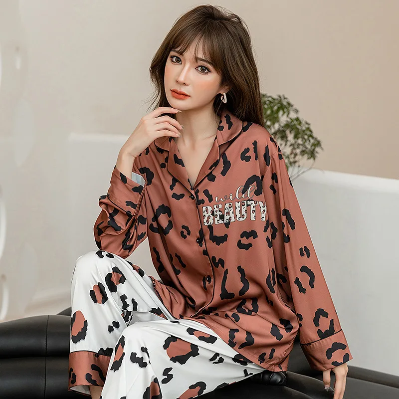 

Leopard Loungewear Women Two Pieces Pajamas Set Casual Sleepwear Pyjamas Coffee Nightgown Satin Home Clothes Spring New Pijamas