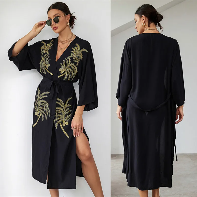 Golden Embroideried Coconut Palm Flare Sleeve Beach Kimono Cardigan Dresses For Women Loose Beach Wear Bikini Cover Ups
Golden Embroideried Coconut Palm Flare Sleeve Beach Kimono Cardigan Dresses For Women Loose Beach Wear Bikini Cover Ups