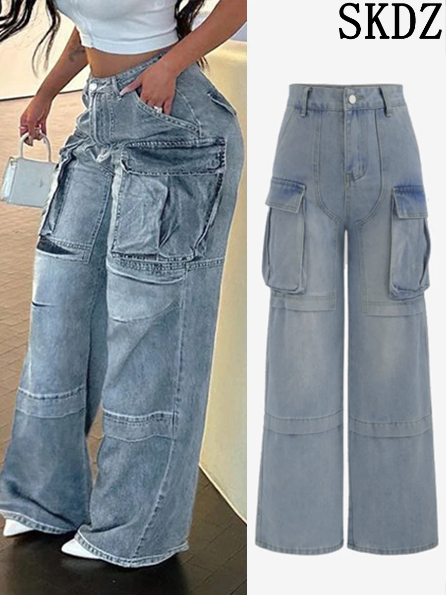 

Zipper Fly Pocket Light Wash Wide Leg Cargo Puddle Women's Jeans New Large Pocket Splicing Work Suit High Waist Straight Pants