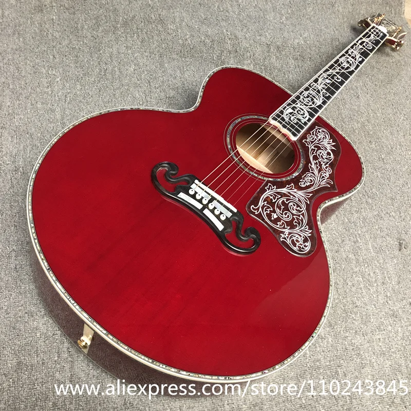 

Solid spruce top, ebony fingerboard, real abalone shell binding and inlay, high-quality Jumbo dark red j200 acoustic guitarra