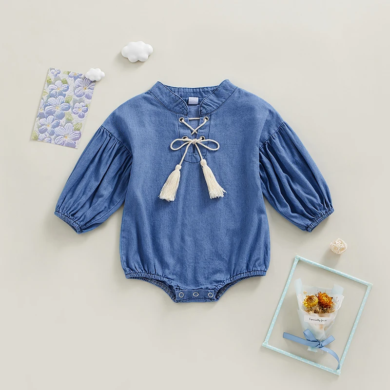 Newborn Baby Girls Denim Jumpsuits Casual Solid Color Long Sleeves Romper with Tassel Bandage for Infant Toddler 0-18Months
Newborn Baby Girls Denim Jumpsuits Casual Solid Color Long Sleeves Romper with Tassel Bandage for Infant Toddler 0-18Months