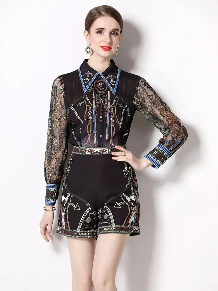 2023 Spring Summer Runway Flower Shorts Suit Women Lace Long Sleeve Chain Print Shirt Tops + Shorts 2 Piece Set N8421
2023 Spring Summer Runway Flower Shorts Suit Women Lace Long Sleeve Chain Print Shirt Tops + Shorts 2 Piece Set N8421