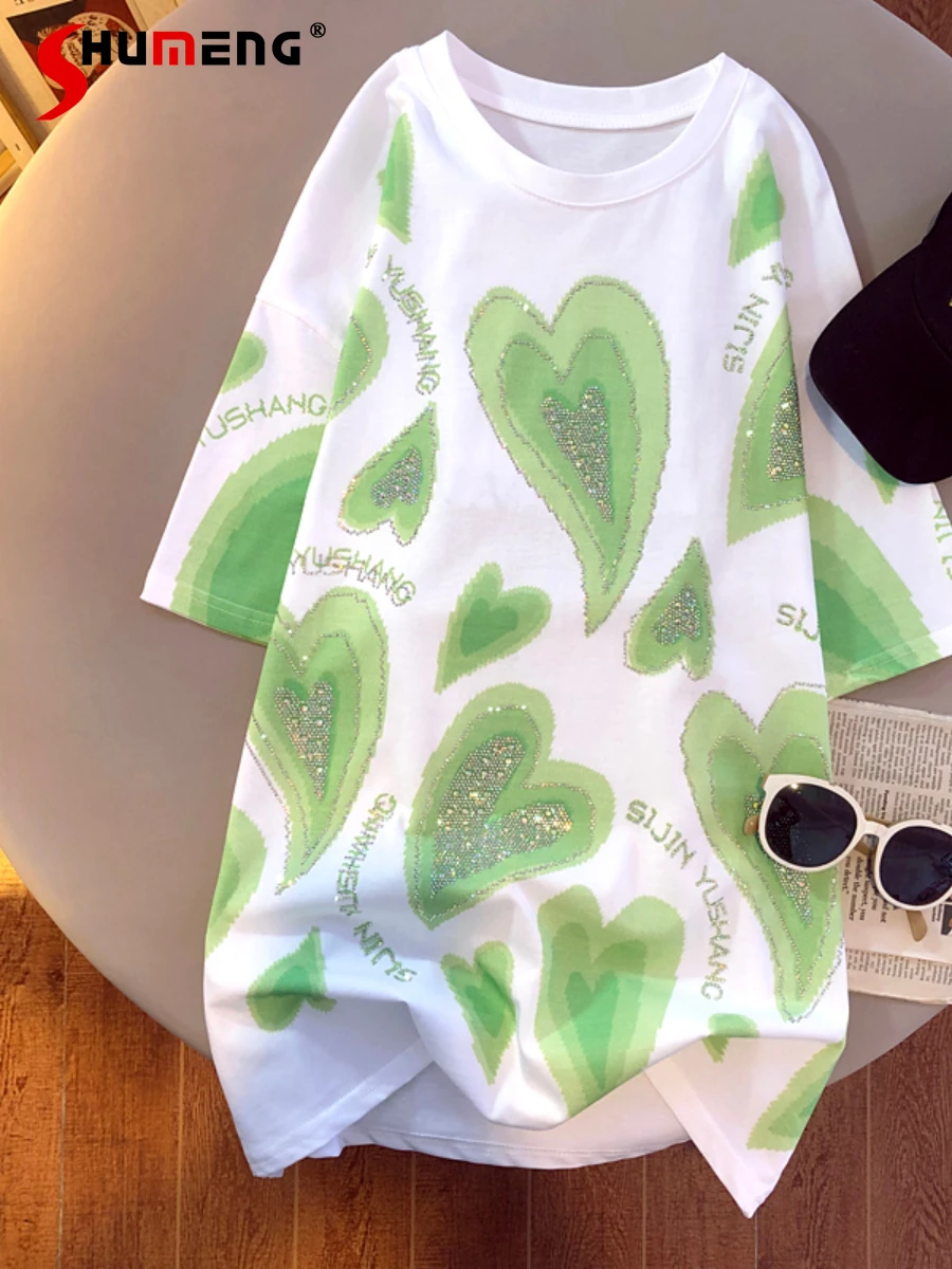 Rhinestone Love Printing Short Sleeve Mid-Length Tshirt for Women 2022 Summer New Loose Half Sleeve Tee Streetwear Women Tops
Rhinestone Love Printing Short Sleeve Mid-Length Tshirt for Women 2022 Summer New Loose Half Sleeve Tee Streetwear Women Tops