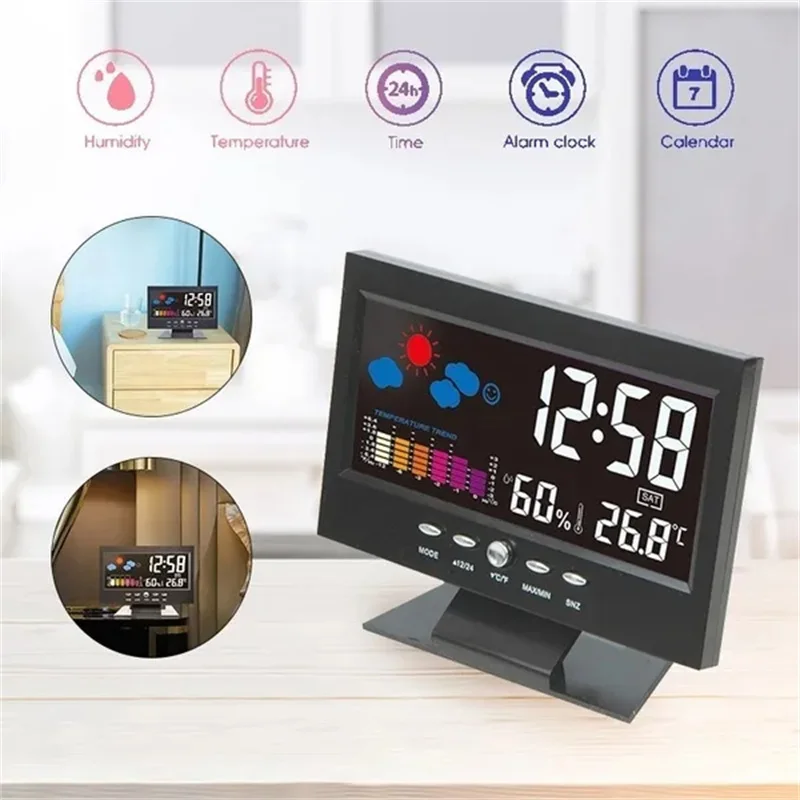 Digital Colorful Backlight Alarm Clock Weather Forecast LCD Alarm Clock Time/Date/Alarm/Temperature/Humidity/Snooze Desk Clock
Digital Colorful Backlight Alarm Clock Weather Forecast LCD Alarm Clock Time/Date/Alarm/Temperature/Humidity/Snooze Desk Clock