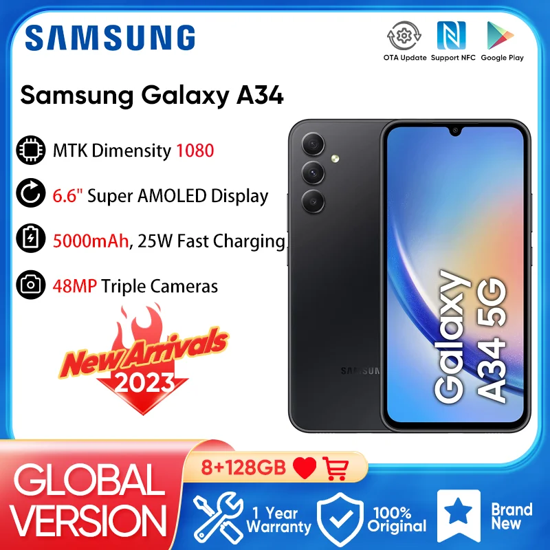 

2023 New Samsung Galaxy A34 5G Smartphone Android 13 MTK MT6877V Dimensity 1080 6.6" 120Hz Super AMOLED 8GB 128GB Mobile Phone