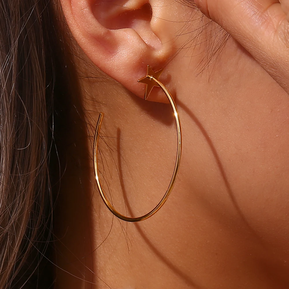 18K Gold Plated Stainless Steel Large Star Hoop Earrings For Woman Hypoallergenic Pentagram Thin Big Round Loop Earrings Jewelry
18K Gold Plated Stainless Steel Large Star Hoop Earrings For Woman Hypoallergenic Pentagram Thin Big Round Loop Earrings Jewelry