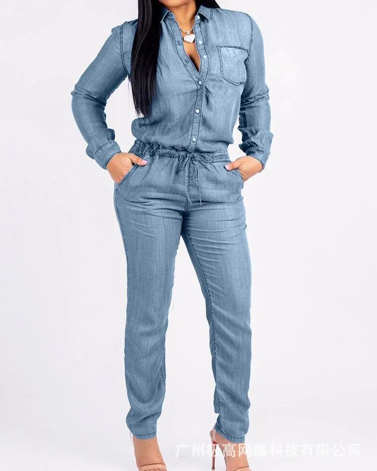 Pocket Design Drawstring Denim Jumpsuit Women High Waist Fashion Casual Overall Jumpsuits Pants Spring Summer
Pocket Design Drawstring Denim Jumpsuit Women High Waist Fashion Casual Overall Jumpsuits Pants Spring Summer