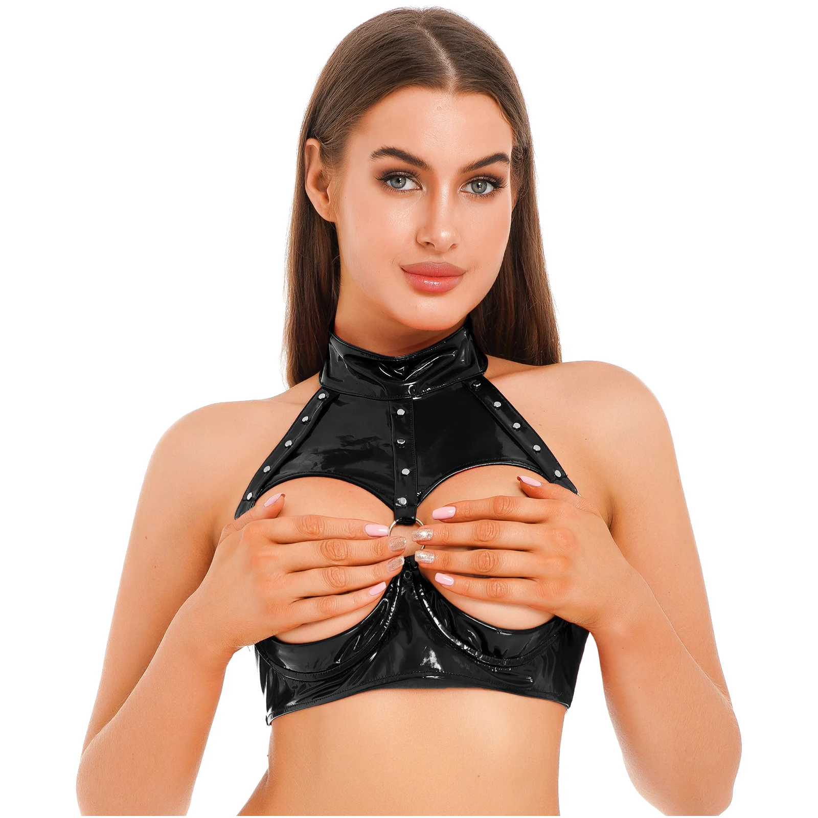 Топ женский глянцевый из лакированной кожи, бюстгальтер на косточках с открытой чашкой, укороченный топ с заклепками, халтер, жилет с открытой спиной, клубная одежда
Топ женский глянцевый из лакированной кожи, бюстгальтер на косточках с открытой чашкой, укороченный топ с заклепками, халтер, жилет с открытой спиной, клубная одежда